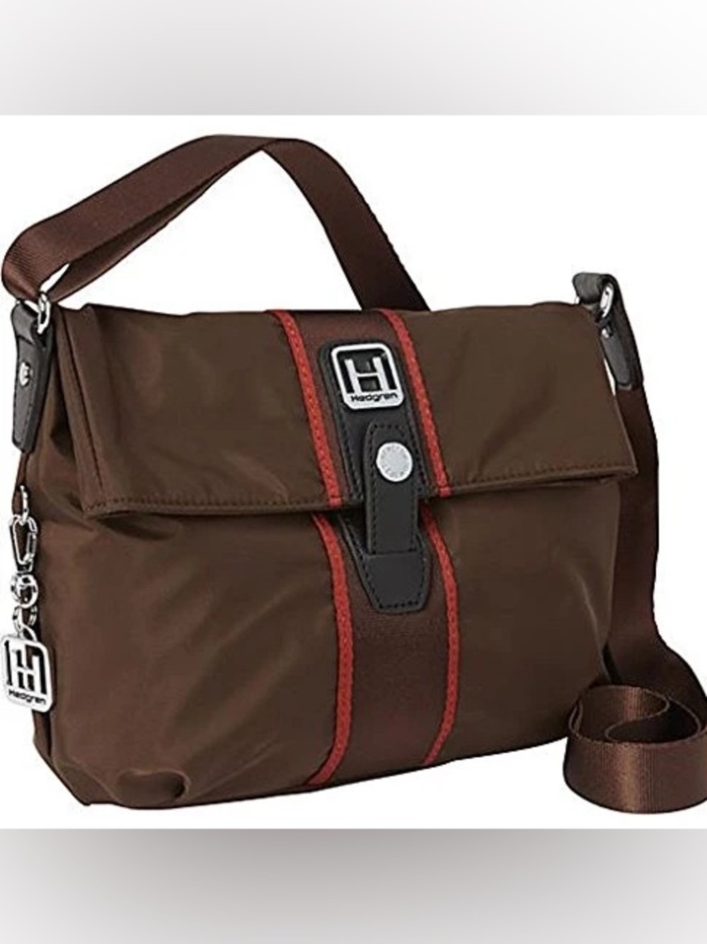 Hedgren Mie Messenger Crossbody Bag Brown Nylon Red Stripe
